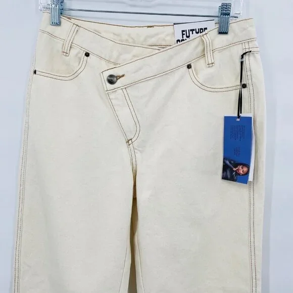 Future Collective Kahlana Brown High Rise Overlap Waist Straight Leg Jeans 4 - Picture 4 of 8